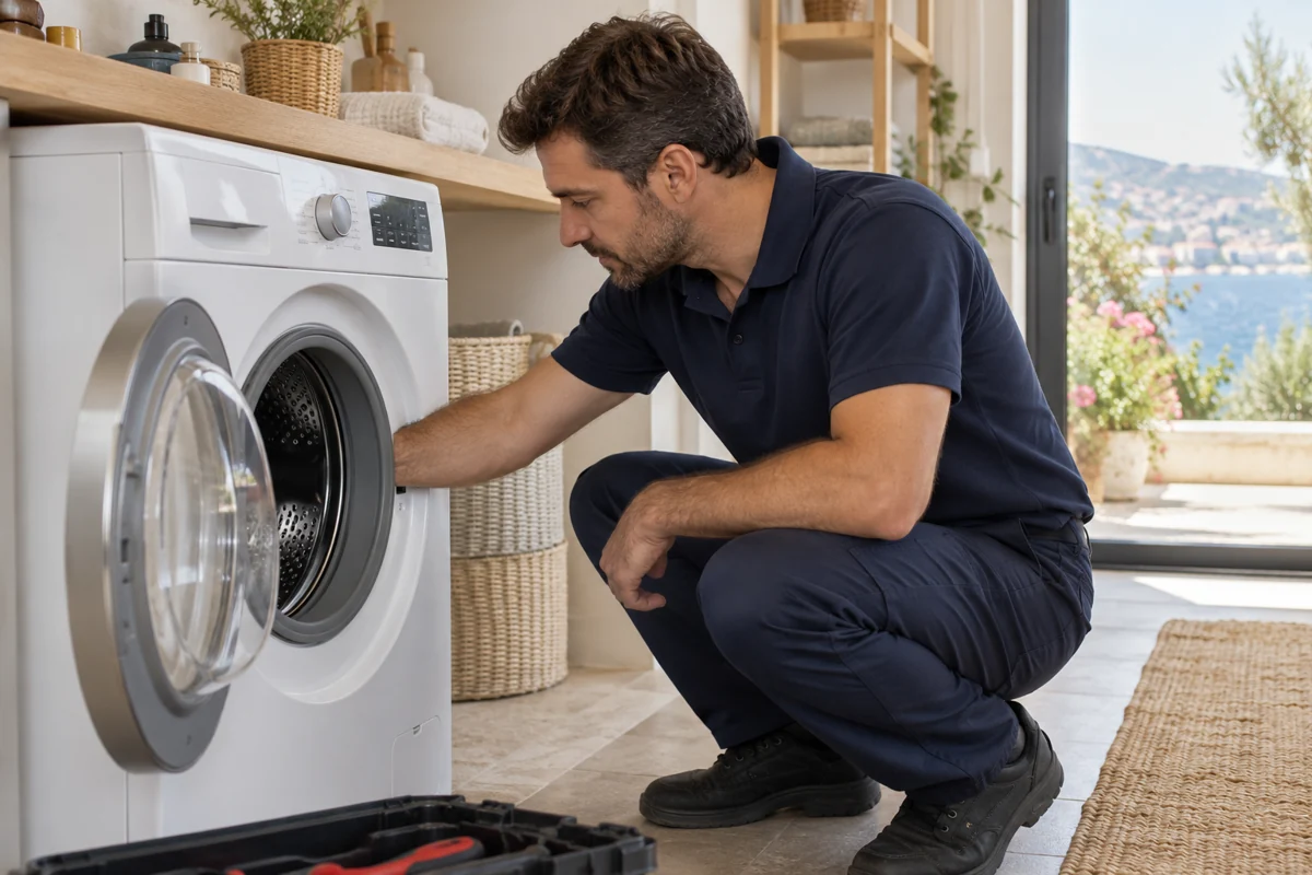 Ev ortamında çamaşır makinesini kontrol eden teknik servis çalışanı